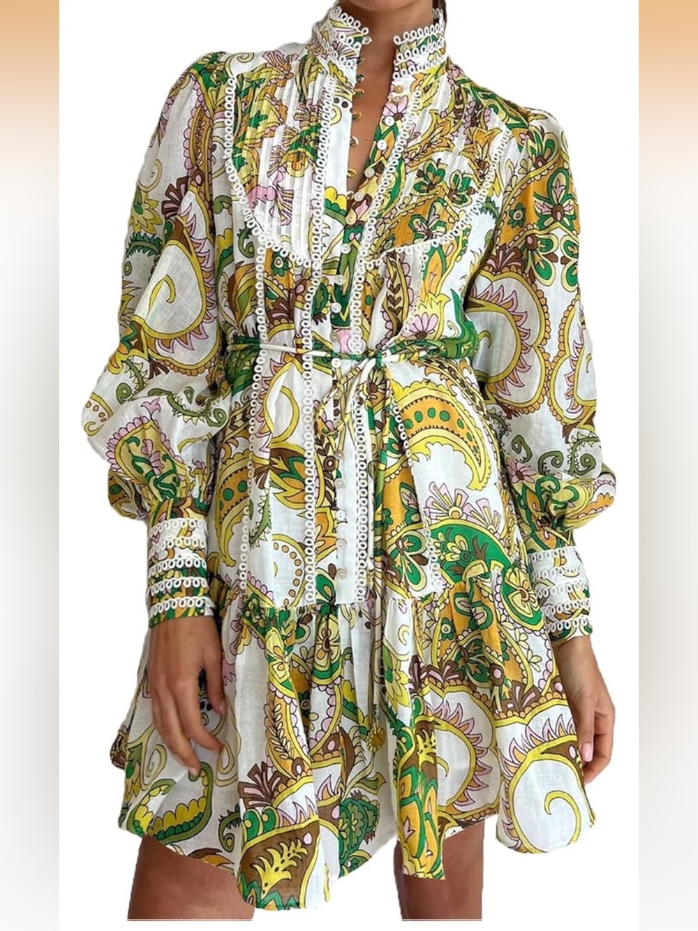 Boho Paisley Tie-Waist Mini Dress in Green & Yellow